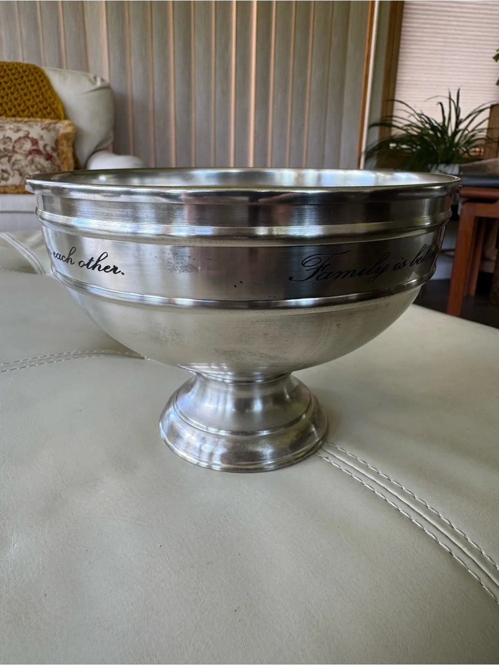 Pottery Barn Silver Pedestal Bowl with Family Script Accent